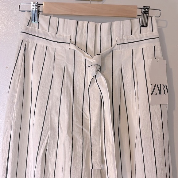 NWT Zara Cotton Blend Striped Casual Wide Leg Coastal Paper Bag Pants Sz XS - Picture 2 of 8